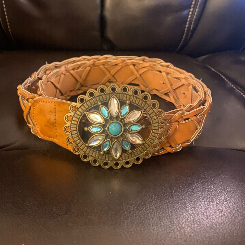 Brown Woven Belt with Gemstone Buckle Size 11-13
